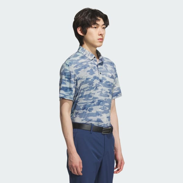 สีน้ำเงิน เสื้อโปโลแขนสั้นพิมพ์ลายทั้งตัว