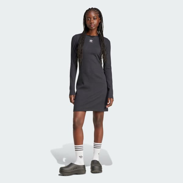 Schwarz Essentials Rib Long Sleeve Kleid