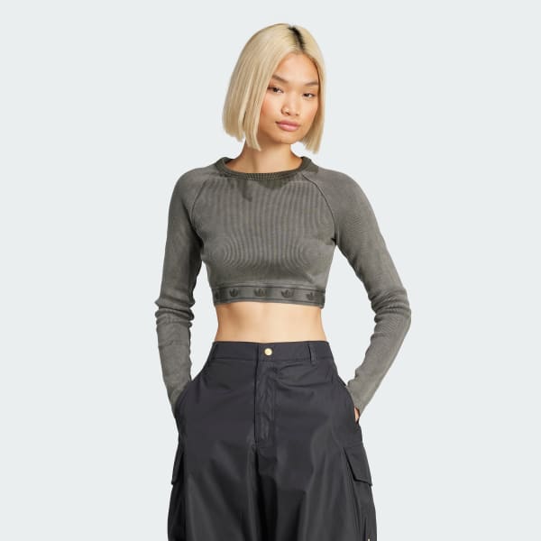 Black Ribbed Long Sleeve Crop Top
