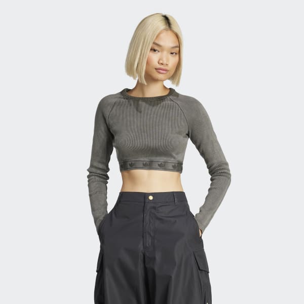 adidas Ribbed Long Sleeve Crop Top - Black | Free Shipping with