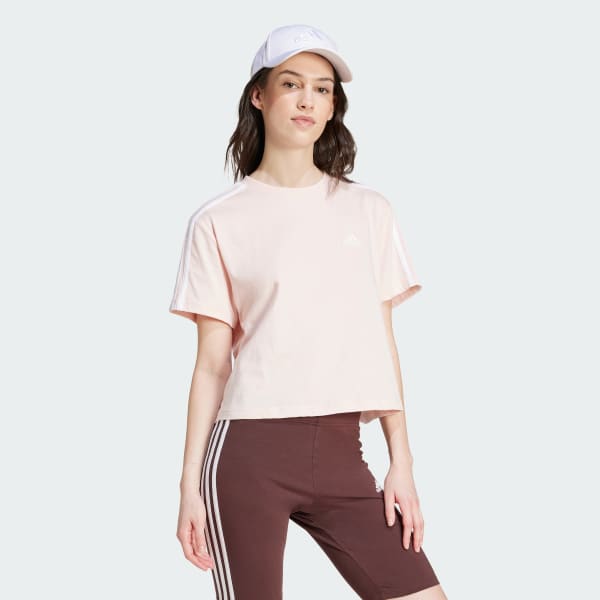 สีชมพู เสื้อครอปผ้าซิงเกิลเจอร์ซีย์ Essentials 3-Stripes