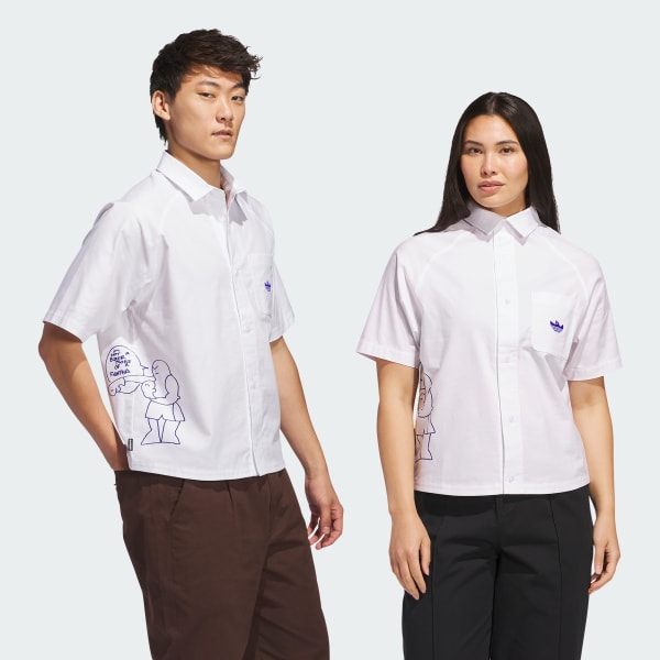 ホワイト シュムーフォイル ファイター ボタンアップシャツ（ジェンダーニュートラル）