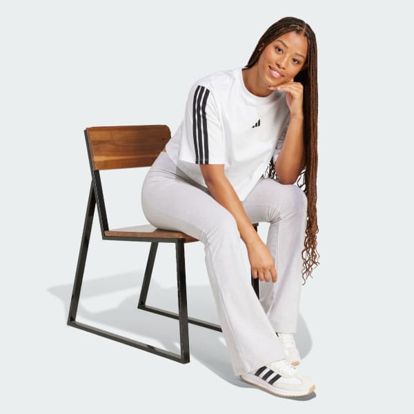 สีขาว เสื้อยืดผ้าฝ้ายทรงหลวม Essentials แต่งแถบ 3-Stripes