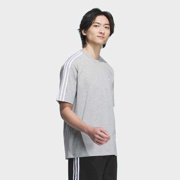 グレー エッセンシャルズ プラス ルーズフィット スリーストライプス 半袖Tシャツ