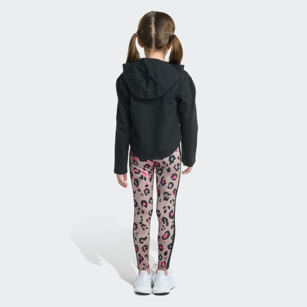 Black 2-Piece Long Sleeve Hooded Tee & Printed 3-Stripe Legging
