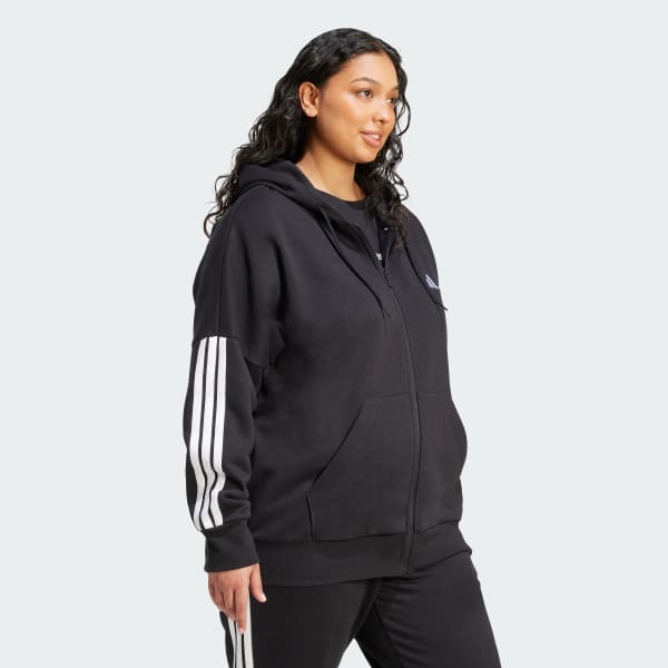 Zwart Essentials 3-Stripes Full-Zip Fleece Hoodie (Grote Maat)