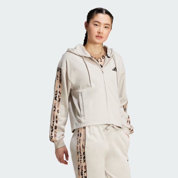 Beige Sudadera de 3 Franjas con gorro y cierre frontal de tela french terry con estampado animal print