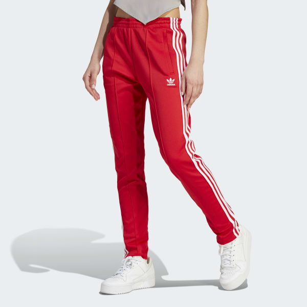Adidas 3 stripe red track pants deals