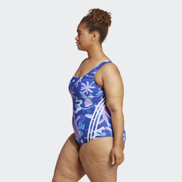 Blue Floral 3-Stripes Swimsuit (Plus Size)