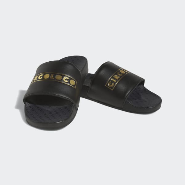 adidas flip flops black and gold