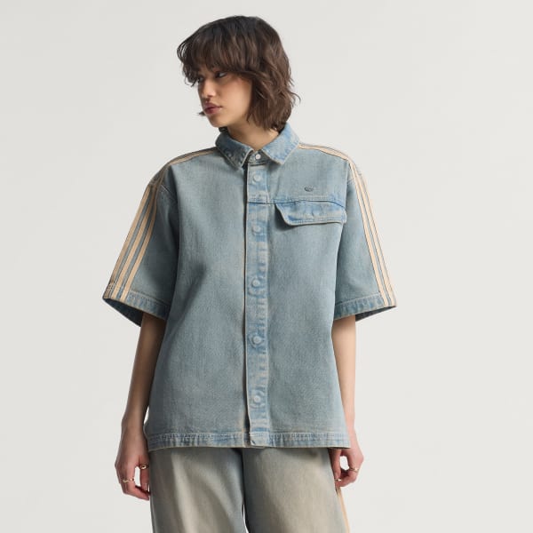 Azul Camisa Jeans de Manga Curta Premium Essentials