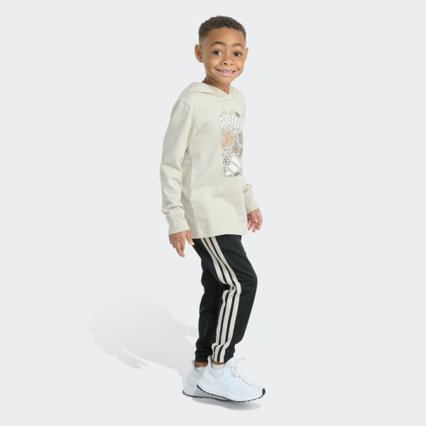 Beige 2-Piece Long Sleeve Hooded Graphic Cotton Tee & Jogger Set
