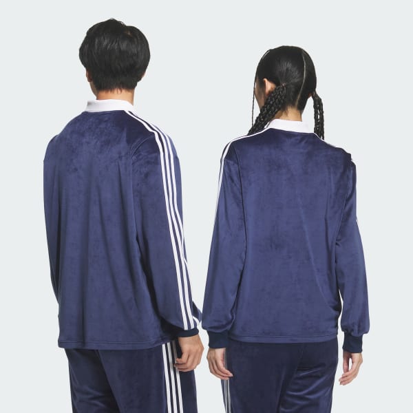 ブルー ベロア長袖ポロシャツ