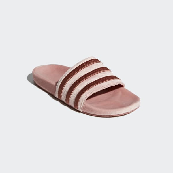 pink velvet adidas slides