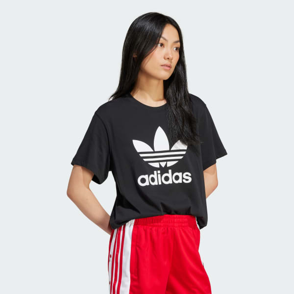 สีดำ เสื้อยืดทรงบ็อกซี Adicolor Trefoil