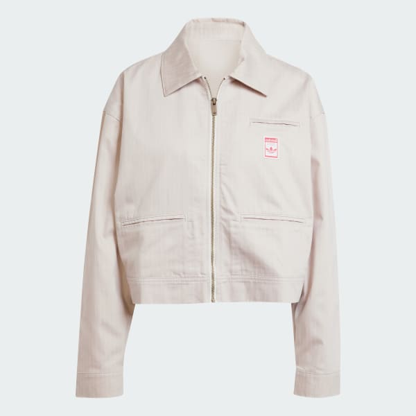 Beige Chaqueta Cropped con Cierre y Estampado Integral
