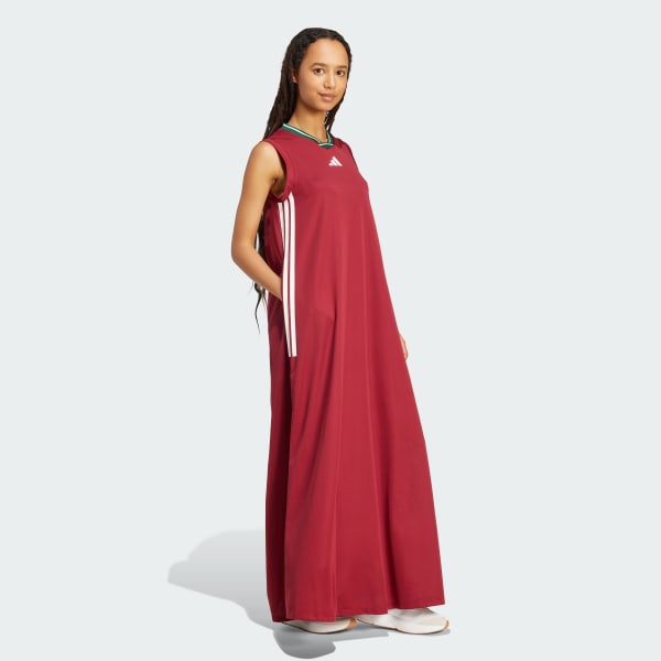 Burgundy Tiro Cut 3-Stripes Soft Mesh Long Dress