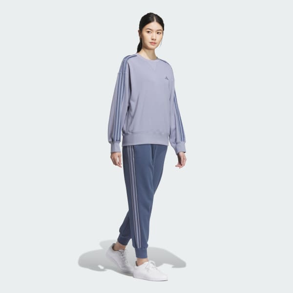 Purple 에센셜 플러스 3-스트라이프 프렌치 테리 크루 스웨트셔츠