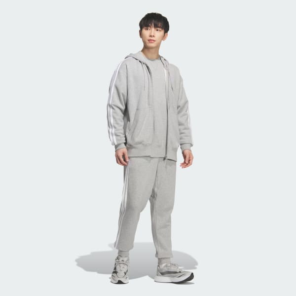 Grey 에센셜 플러스 루즈 핏 3-스트라이프 프렌치 테리 전장 지퍼 후디