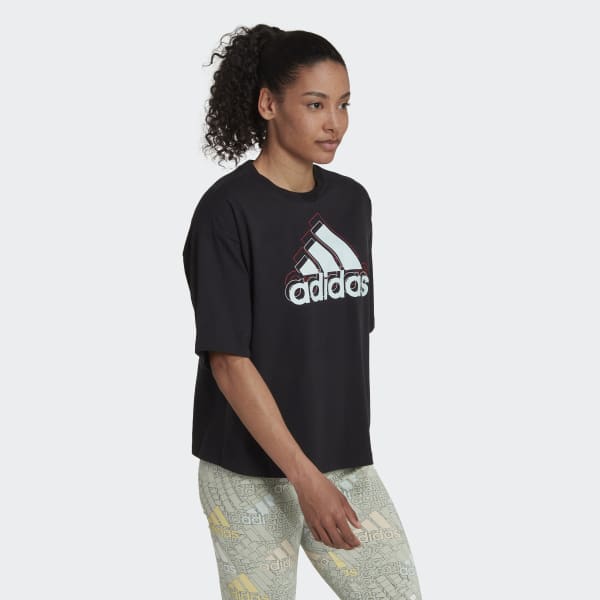 Black Essentials Multi-Colored Logo Loose Fit Cropped Tee