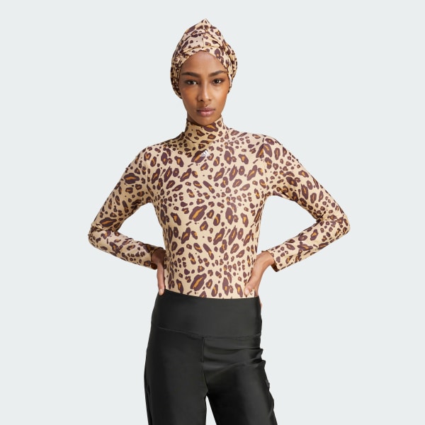adidas Essentials Animal Print Long Sleeve Swimsuit Brown