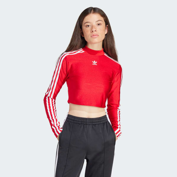 adidas Adicolor 3-Stripes Cropped Long Sleeve Tee - Red | Women's ...