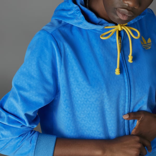 adidas Velour Monogram Zip-up Hooded Jacket in Blue