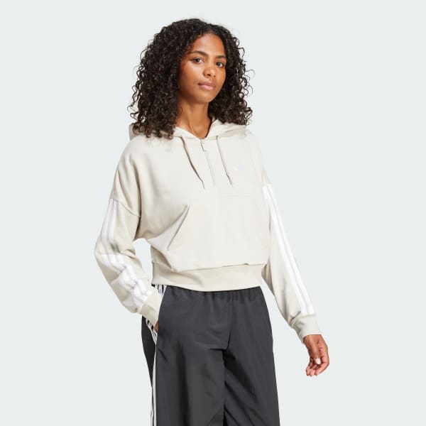 Bezowy Bluza z kapturem Essentials 3-Stripes French Terry Quarter-Zip