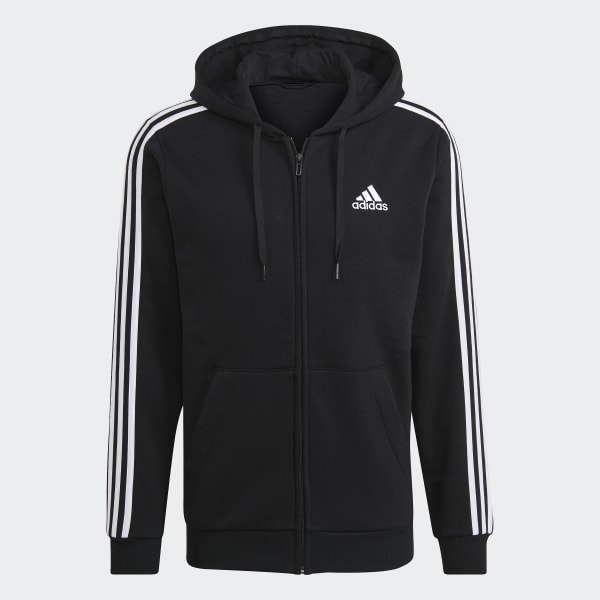 Svart Essentials Fleece 3-Stripes Huvtröja med hel dragkedja