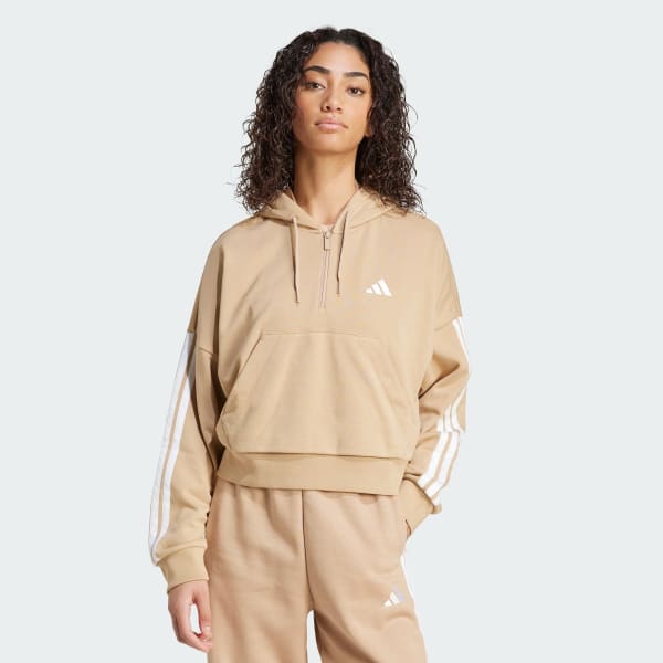 Marron Polera con Capucha Essentials 3 Tiras Felpa Francesa Cierre Corto