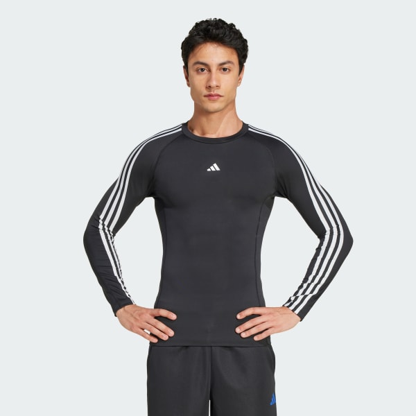 สีดำ เสื้อยืดเทรนนิงแขนยาวรัดกล้ามเนื้อ Techfit 3-Stripes