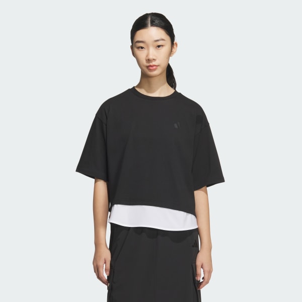 ブラック レイヤード ルーズフィット半袖コットンTシャツ