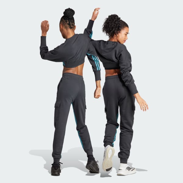 Gris Pants Cargo Dance Corte Alto 3 Franjas Puños Ajustados