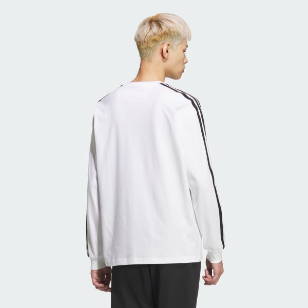 ホワイト エッセンシャル プラス ルーズフィット スリーストライプス シングルジャージー 長袖Tシャツ