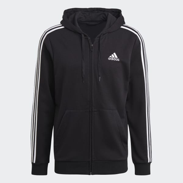 Sort Essentials French Terry 3-Stripes Full-Zip hættetrøje
