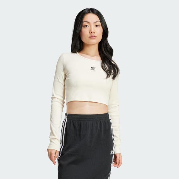White Essentials Ribbed Crop Long Sleeve Tee