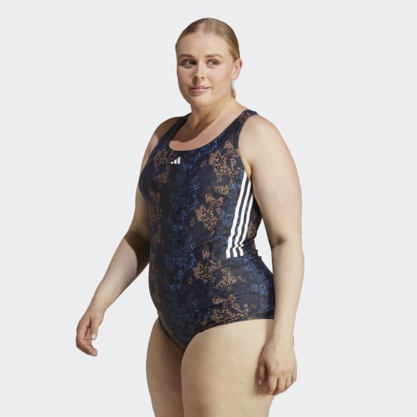 adidas 3-Stripes Graphic Swimsuit (Plus Size) Blue | Women's Swim | US