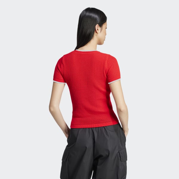 adidas プレミアム クロシェ カリ半袖シャツ Vネックケーブル