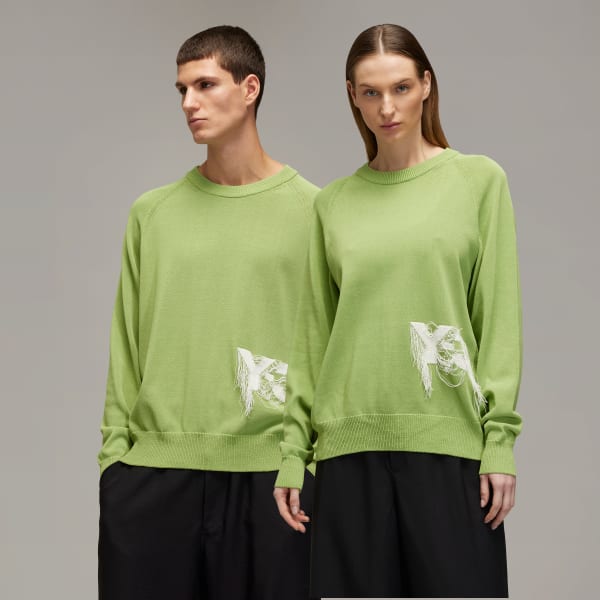 สีเขียว เสื้อกันหนาวคอกลมผ้าถักโลโก้ Y-3