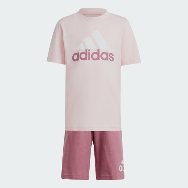Merah-muda Set Tee dan Celana Pendek Logo Esensial