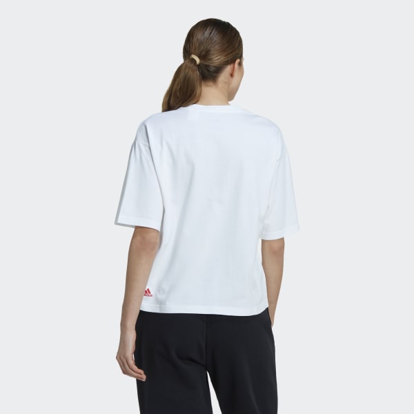 White Essentials Multi-Colored Logo Loose Fit Cropped Tee