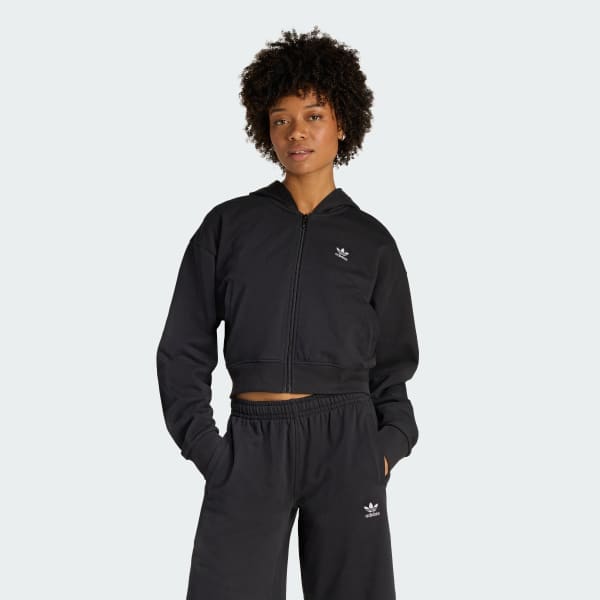 Negro SUDADERA CORTA CON GORRO ESSENTIALS DE TELA FRENCH TERRY CON CIERRE CORTO