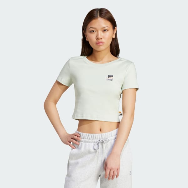 Hijau T-Shirt Grafis Cat Patch Crop