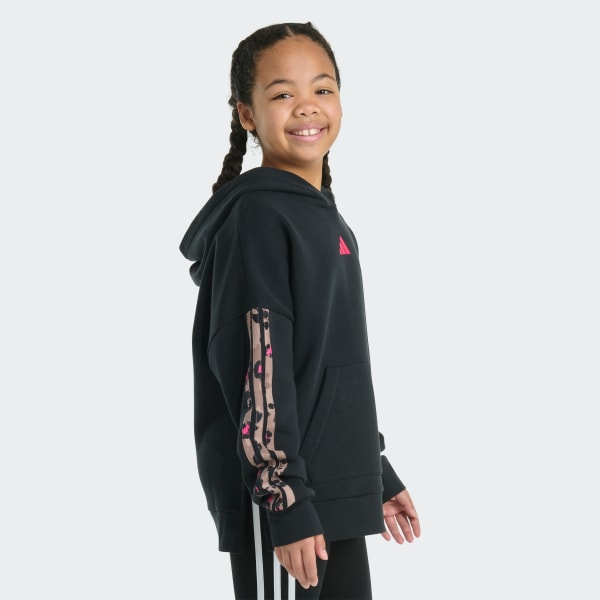 Black Long Sleeve Printed 3-Stripes Slit Fleece Pullover Hoodie


