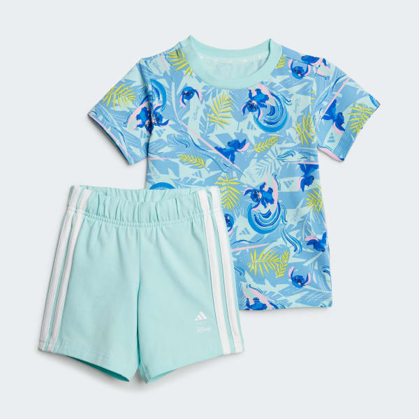 สีเทอร์คอยส์ ชุดเสื้อยืดและกางเกงขาสั้น adidas x Disney Lilo & Stitch สำหรับเด็ก