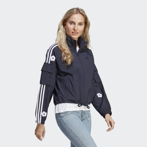 adidas 3-Stripes Lightweight Jacket with Chenille Flower Patches - Blue ...