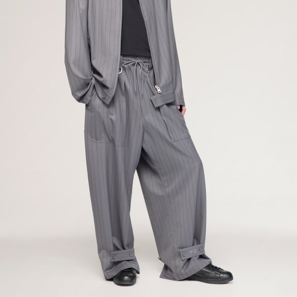 Grey Y-3 PINSTRIPE REFINED WOOL WIDE LEG PANTS
