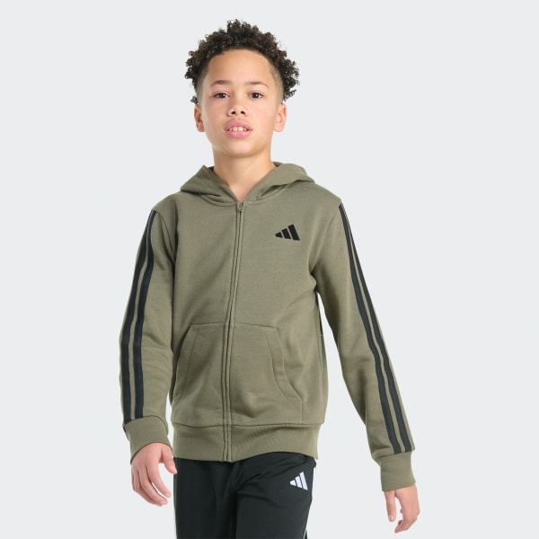 Green Full-Zip Hooded Essential 3-Stripe Fleece Jacket

