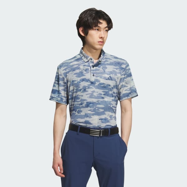 สีน้ำเงิน เสื้อโปโลแขนสั้นพิมพ์ลายทั้งตัว