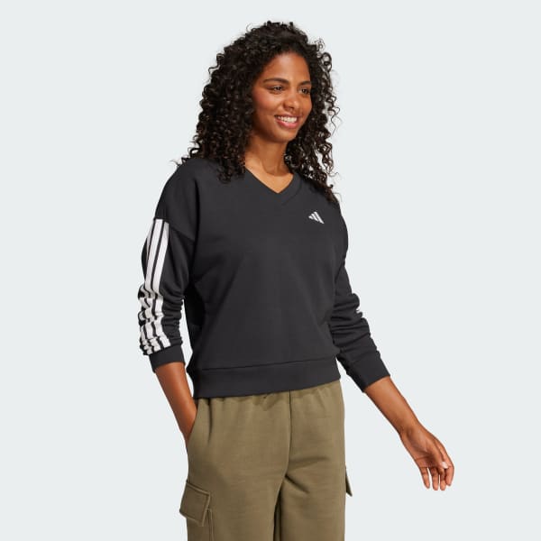Siyah Essentials 3-Stripes French Terry V-yaka Sweatshirt